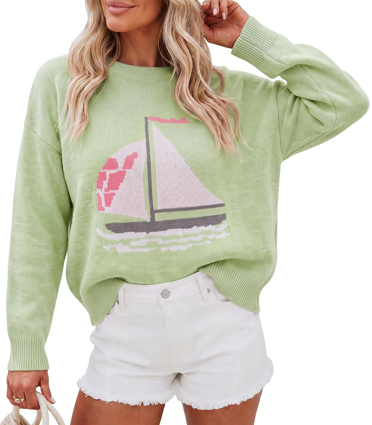 Cicy Bell Womens Graphic Sweaters Lightweight Knit Crewneck Pullover