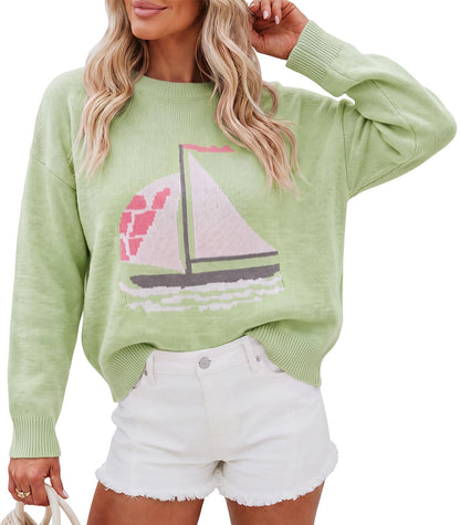 Cicy Bell Womens Graphic Sweaters Lightweight Knit Crewneck Pullover