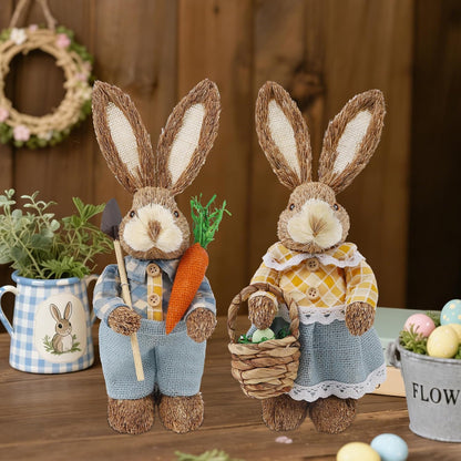 Dr.dudu Set of 2 Easter Decorations 13" Bunny Figurines Tabletop Spring Decor, Rustic Straw Bunny Couple with Carrot, Sisal Rabbit Statues Ornaments for Table Home Office Kitchen Farmhouse