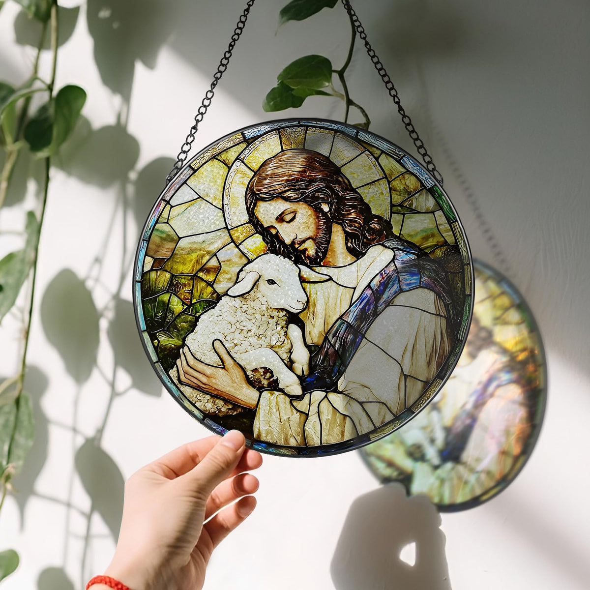 8-Inch Jesus with Cardinals Suncatcher Ornament, Stained Glass Window Hanging & Religious Christmas Ornament, Christian Window Decor — Memorial Gift, Christian Gifts for Her, Religious Gifts