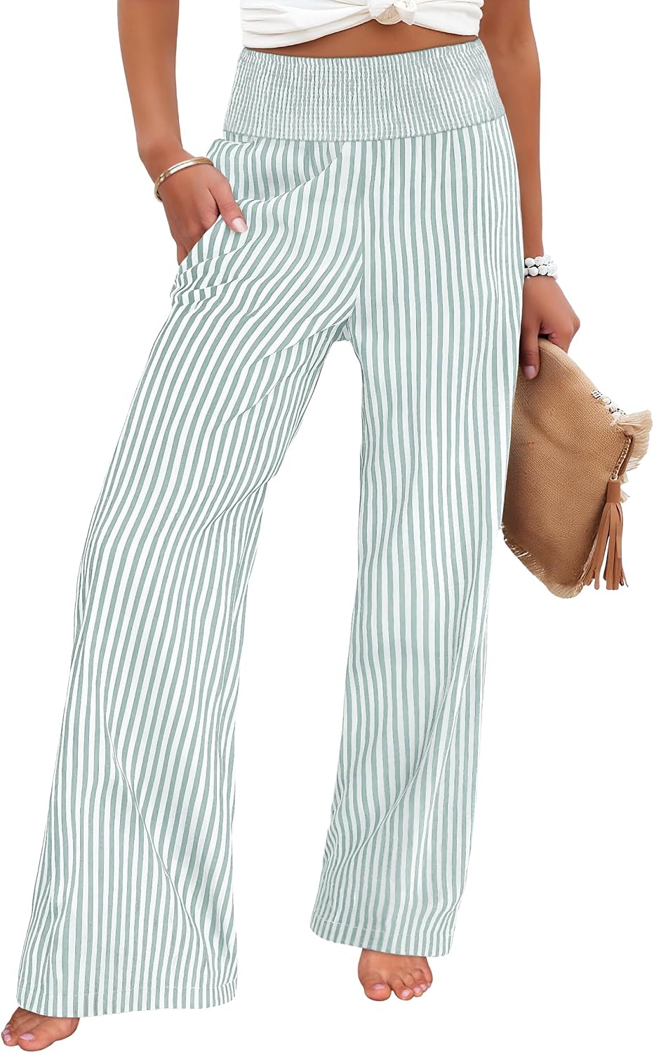 ANRABESS Womens Striped Gingham Wide Leg Palazzo Pants with Pockets