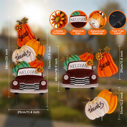 Lanpn Fall Garden Stakes Decorative, 3 Stacked Pumpkin Truck Waterproof Metal Yard Signs 2ft for Home Lawn Patio Porch Autumn Thanksgiving Harvest Season Outdoor Decor (Style 01, 11.4 X 29.9 Inch)