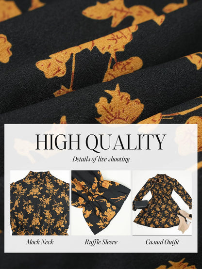 CUPSHE Women Mock Neck Floral Smocked Waist Mini Dress