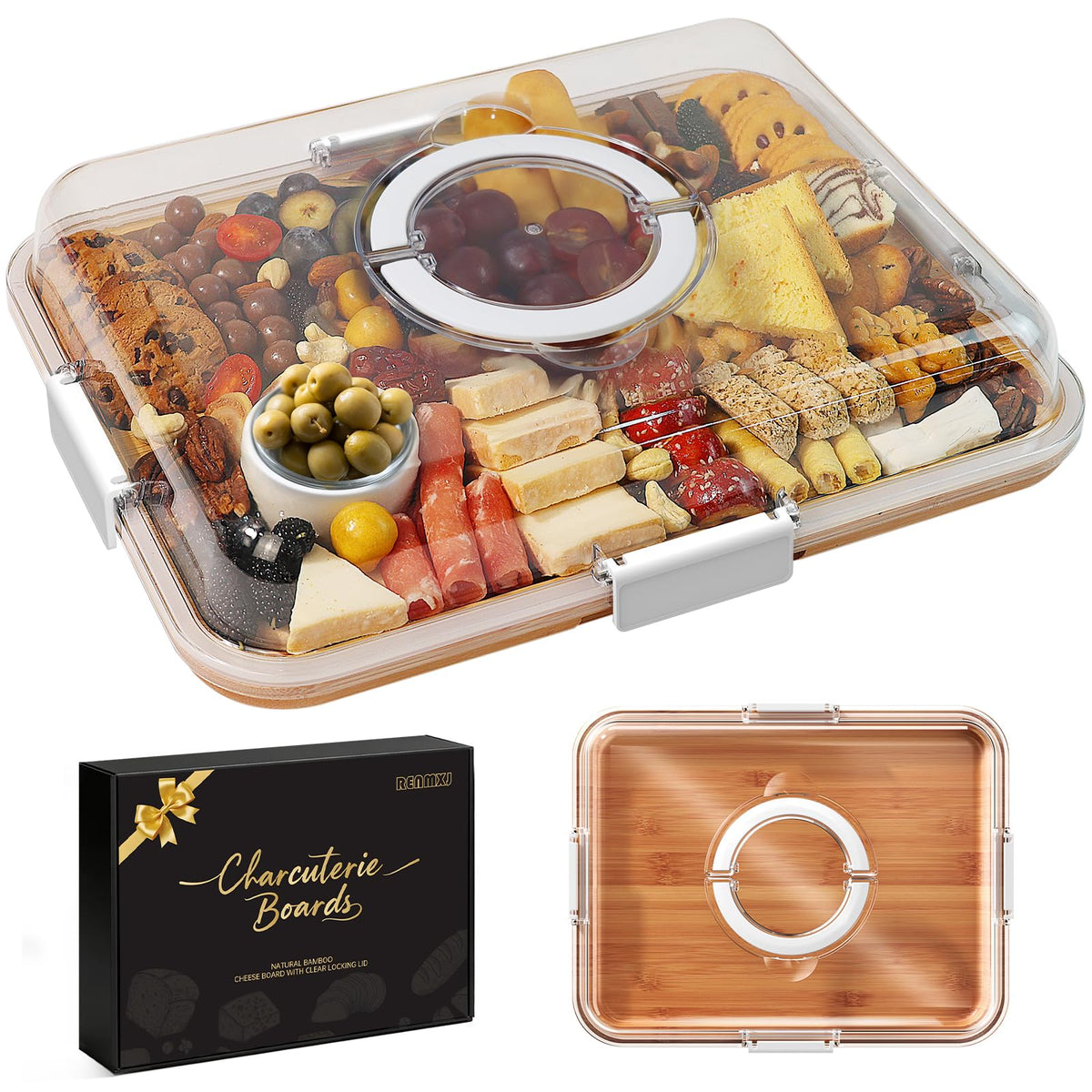 Renmxj Portable Charcuterie Boards with Lid, Cheese, Veggie & Snack Tray