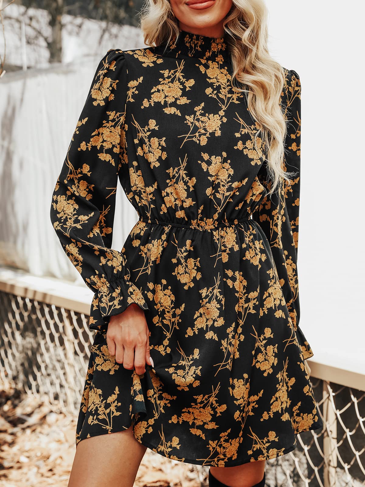 CUPSHE Women Mock Neck Floral Smocked Waist Mini Dress