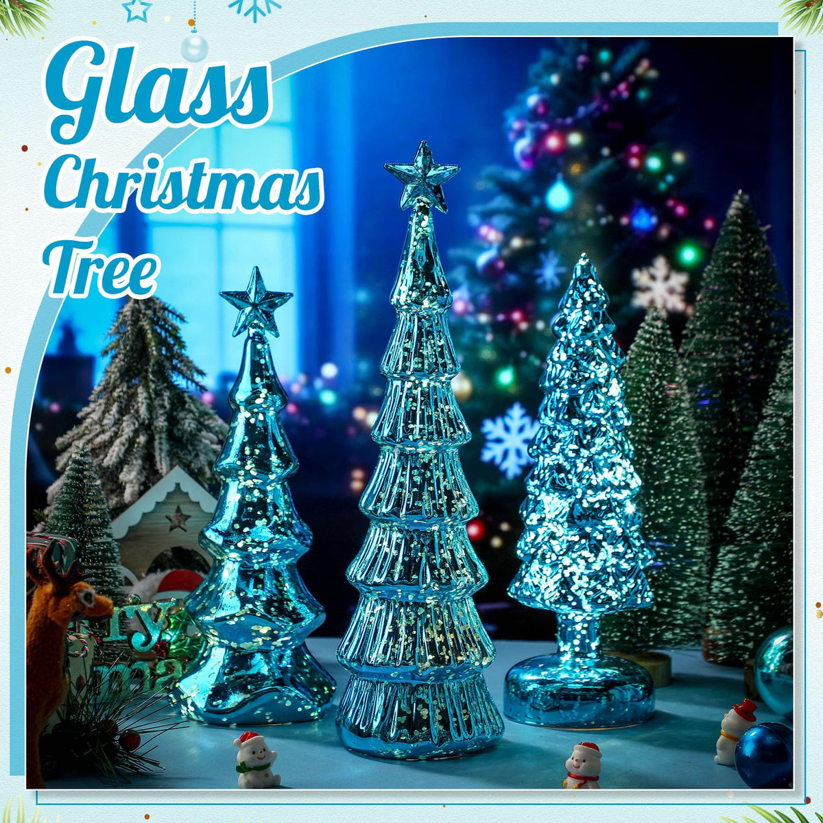 Funnymoom 3 Pack Glass Christmas Trees Decor Lighted Christmas Tree Tabletop Glitter Centerpiece Decoration Glass Xmas Tree Figurines Holiday Ornament for Table Mantle Fireplace(gold,classic)