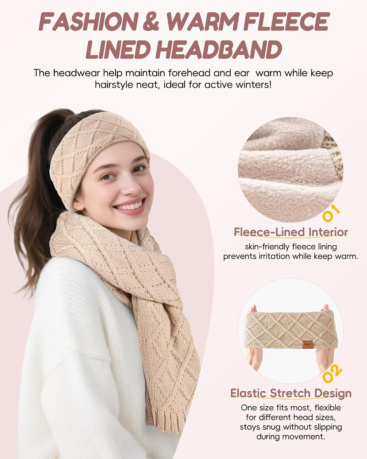 Womens Winter Hat Gloves Scarf Headband Set, Pom Pom Beanie Long Scarf Touchscreen Gloves Ear Warmer, 4 in 1 Warm Gift Set