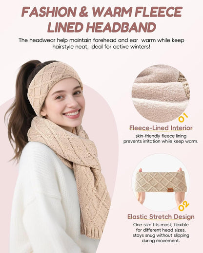 Womens Winter Hat Gloves Scarf Headband Set, Pom Pom Beanie Long Scarf Touchscreen Gloves Ear Warmer, 4 in 1 Warm Gift Set