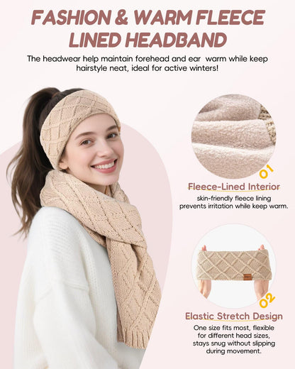 Womens Winter Hat Gloves Scarf Headband Set, Pom Pom Beanie Long Scarf Touchscreen Gloves Ear Warmer, 4 in 1 Warm Gift Set