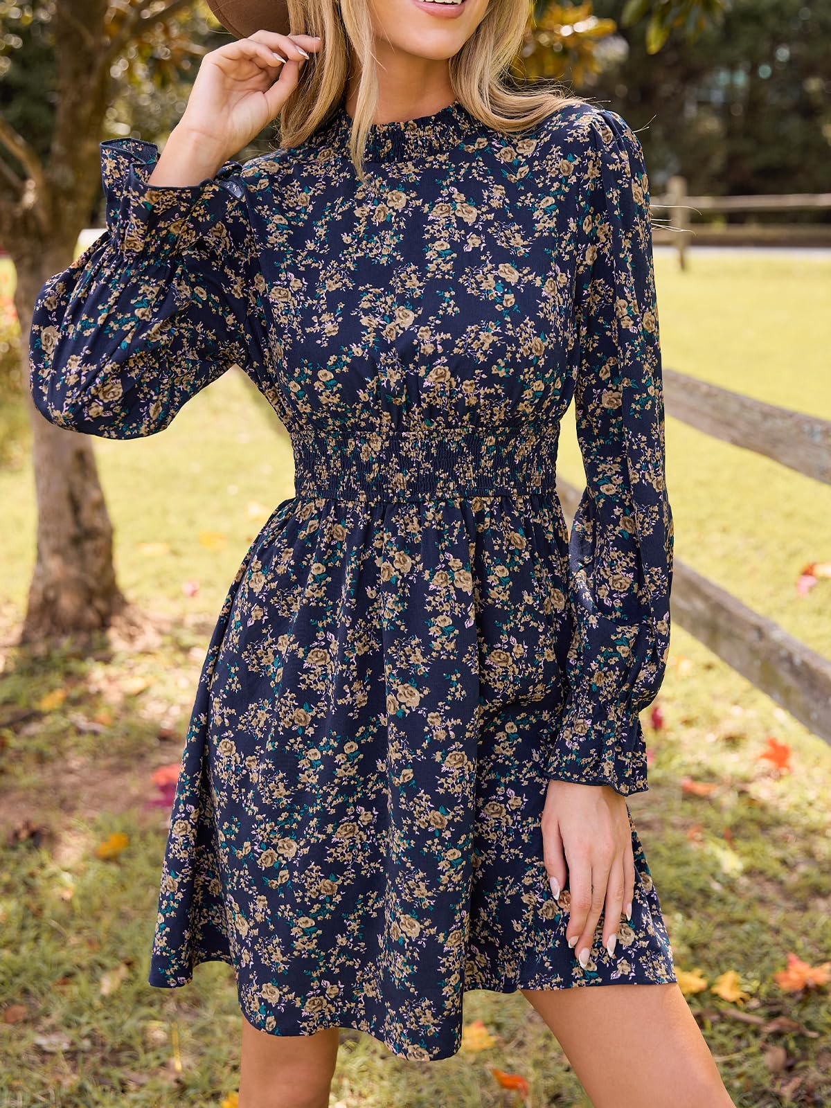 CUPSHE Women Mock Neck Floral Smocked Waist Mini Dress