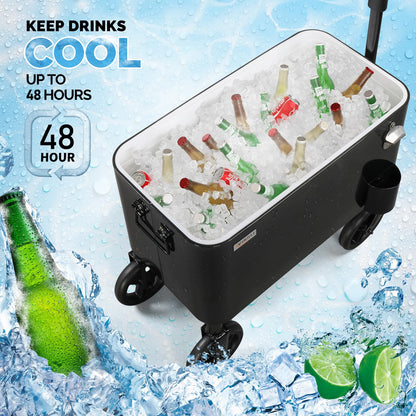 Vingli 80 Quart Wagon Rolling Cooler Ice Chest, W/Long Handle and 10" Wheels
