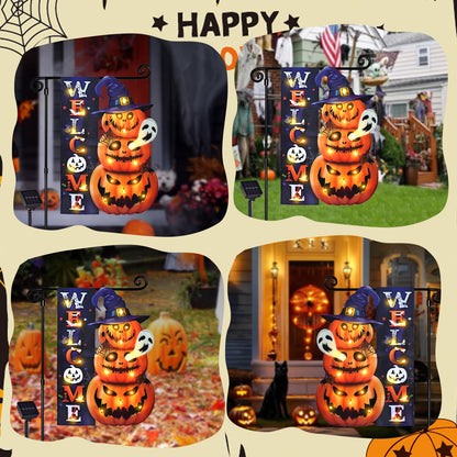 Halloween Lighted Garden Flag for Outside, LED Solar Yard Flag 8 Modes Witch Feet Shape Flag, 28x40 Double Sided Cauldron Eyeball Black Cat Decorations for Home Porch