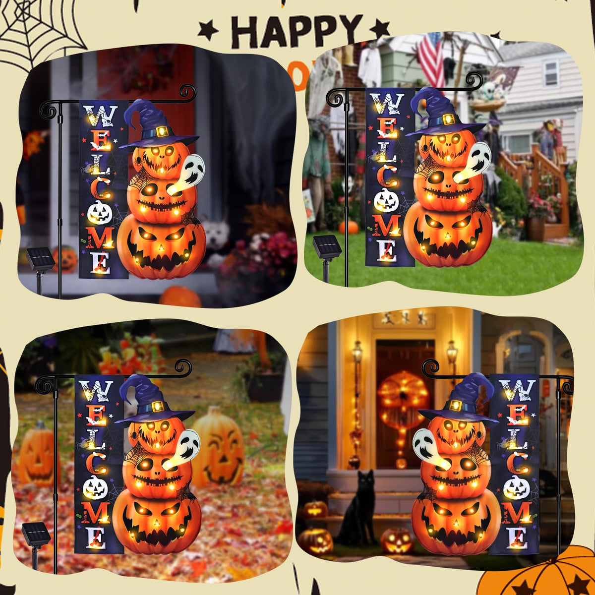 Halloween Lighted Garden Flag for Outside, LED Solar Yard Flag 8 Modes Witch Feet Shape Flag, 28x40 Double Sided Cauldron Eyeball Black Cat Decorations for Home Porch
