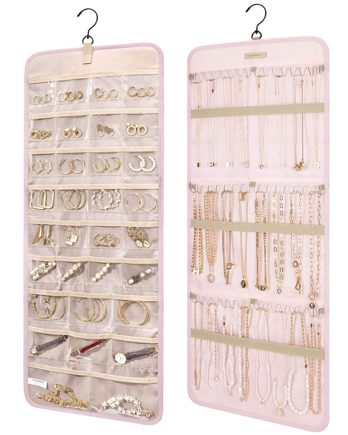 BAGSMART Hanging Jewelry Organizer Storage Roll with Hanger Metal Hooks Double-Sided Jewelry Holder for Earrings, Necklaces, Rings on Closet, Wall, Door, 1 piece, Medium, Pink