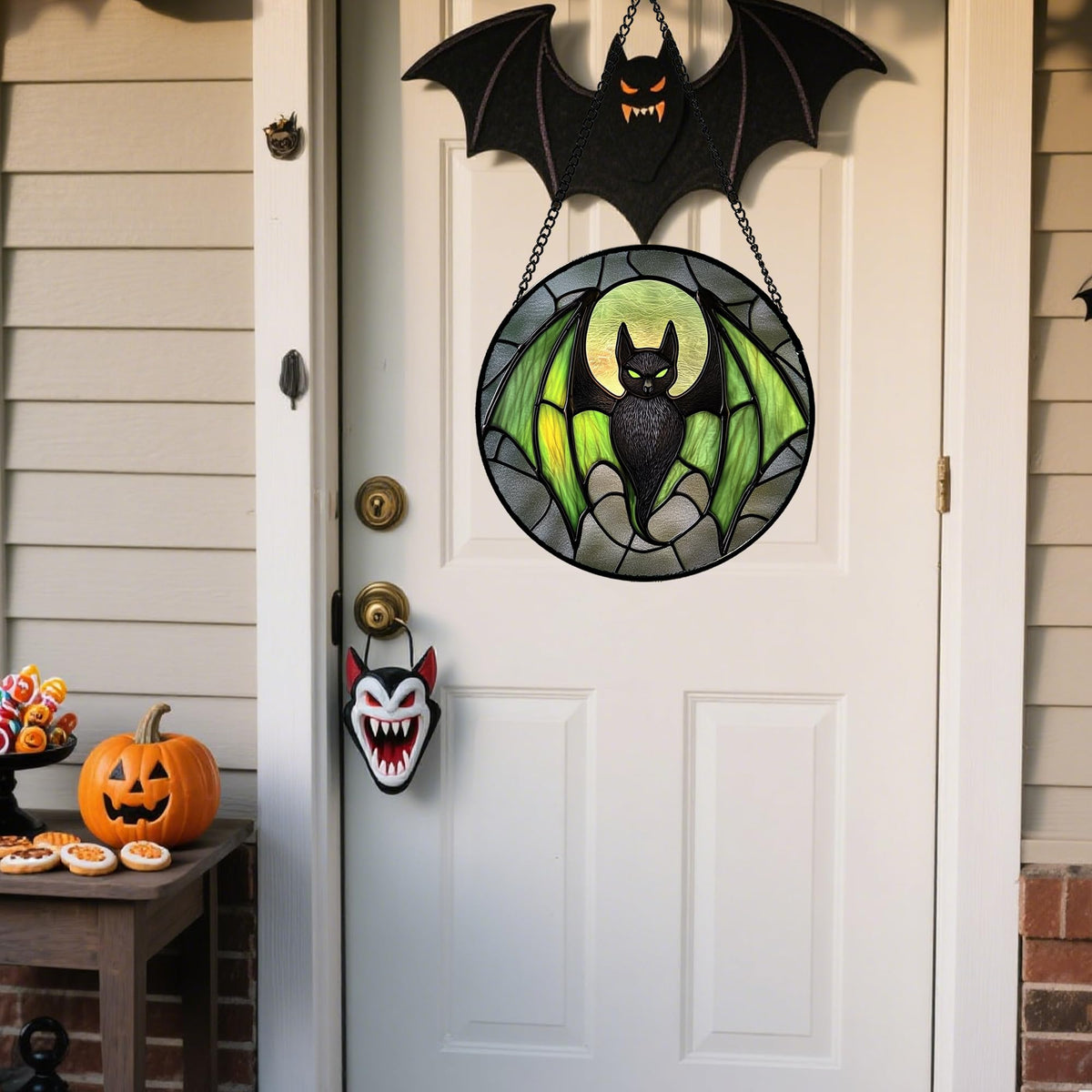 Stained Glass Window Hanging - Halloween Red White Scary Pumpkin Suncatcher for Doors Garden Home Spooky Rattan Sun Catchers Gothic Decor Horror Gifts for Women Men Friend Boy Girl 15 In