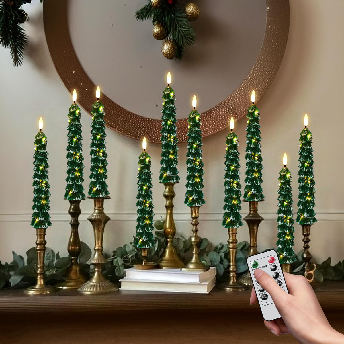 Green Christmas Tree Flameless Taper Candles Battery Operated Remote Timer