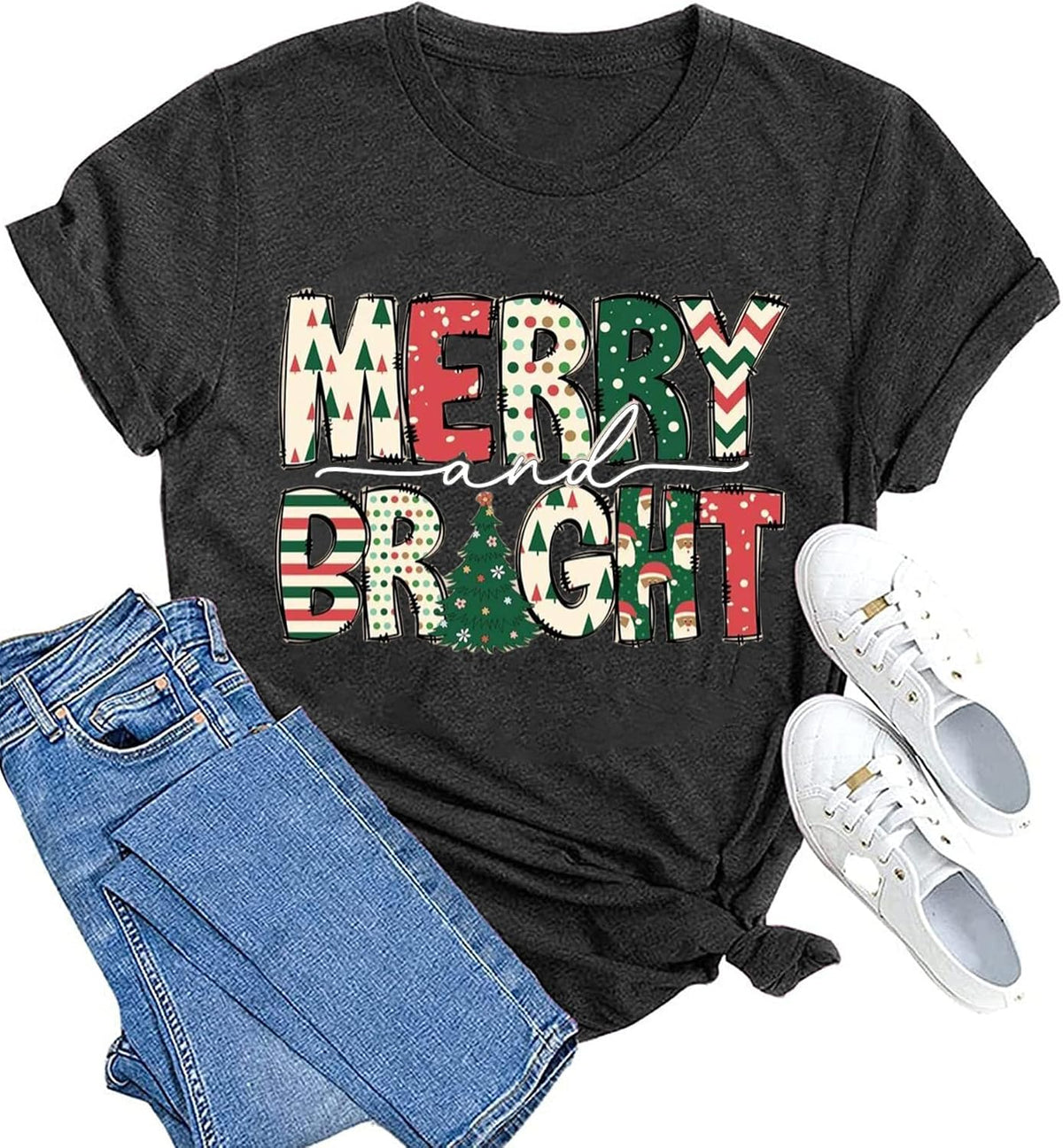 hcihgzr Christmas Shirts for Women Merry and Bright Christmas Shirt Xmas Tree Graphic Holiday T-Shirt Tops