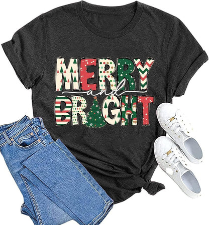 hcihgzr Christmas Shirts for Women Merry and Bright Christmas Shirt Xmas Tree Graphic Holiday T-Shirt Tops