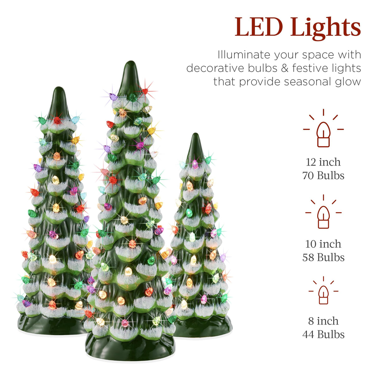 Best Choice Products Set of 3 Ceramic Christmas Trees, Pre-Lit Hand-Painted Tabletop Holiday Decoration W/Multicolor Bulbs, LED Lights – Green