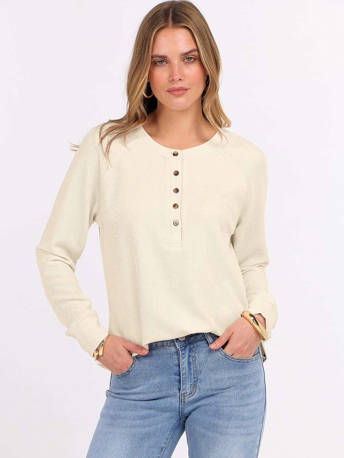 ANRABESS Women's Waffle Knit Henley Top Long Sleeve Shirts