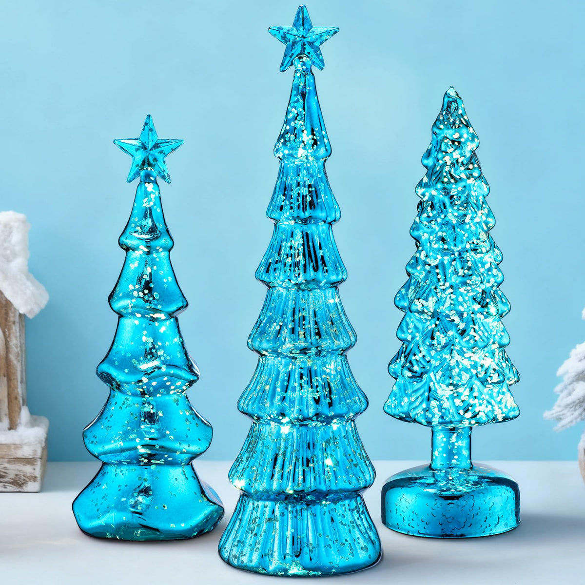 Funnymoom 3 Pack Glass Christmas Trees Decor Lighted Christmas Tree Tabletop Glitter Centerpiece Decoration Glass Xmas Tree Figurines Holiday Ornament for Table Mantle Fireplace(gold,classic)
