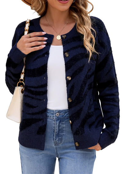 Sidefeel Women's Long Sleeve Crewneck Animal Print Cardigan Sweater