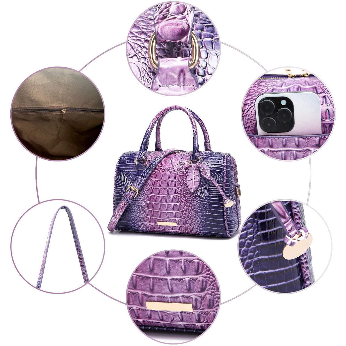 Makcr Joacbv Crocodile Handbag for Women Top Handle Leather Shoulder Purse | Glossy crocodile-embossed vegan leather with rolled handles, buckle details, a structured dome shape, and adjustable strap.
