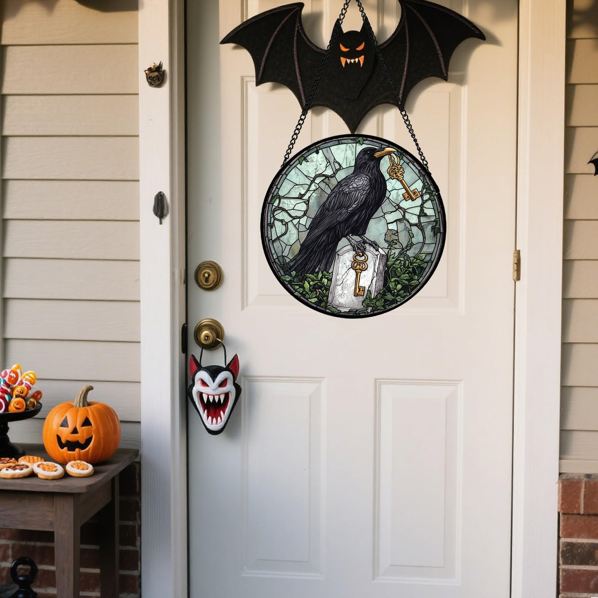 Stained Glass Window Hanging - Halloween Red White Scary Pumpkin Suncatcher for Doors Garden Home Spooky Rattan Sun Catchers Gothic Decor Horror Gifts for Women Men Friend Boy Girl 15 In