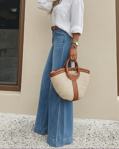 Women's Baggy Wide Leg Jeans High Waisted Stretchy Loose Washed Distressed Boyfriend Denim Pants