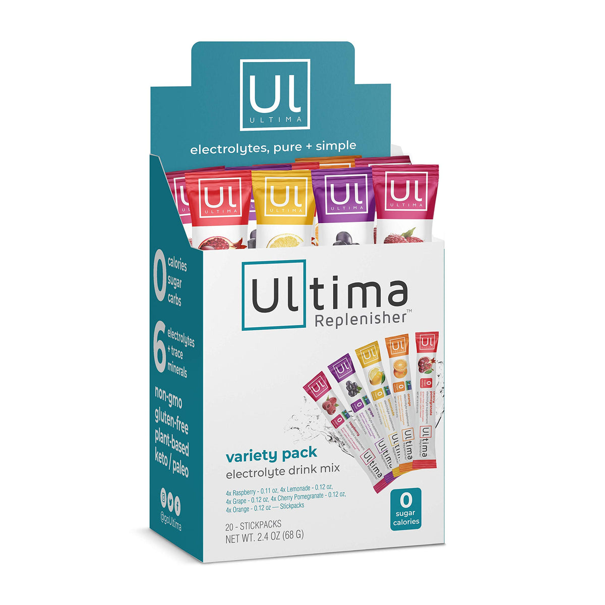 Ultima Replenisher Electrolyte Hydration Powder, Grape, 20 Count Stickpacks Pouch - Sugar Free, 0 Calories, 0 Carbs - Gluten-Free, Keto, Non-Gmo with Magnesium, Potassium
