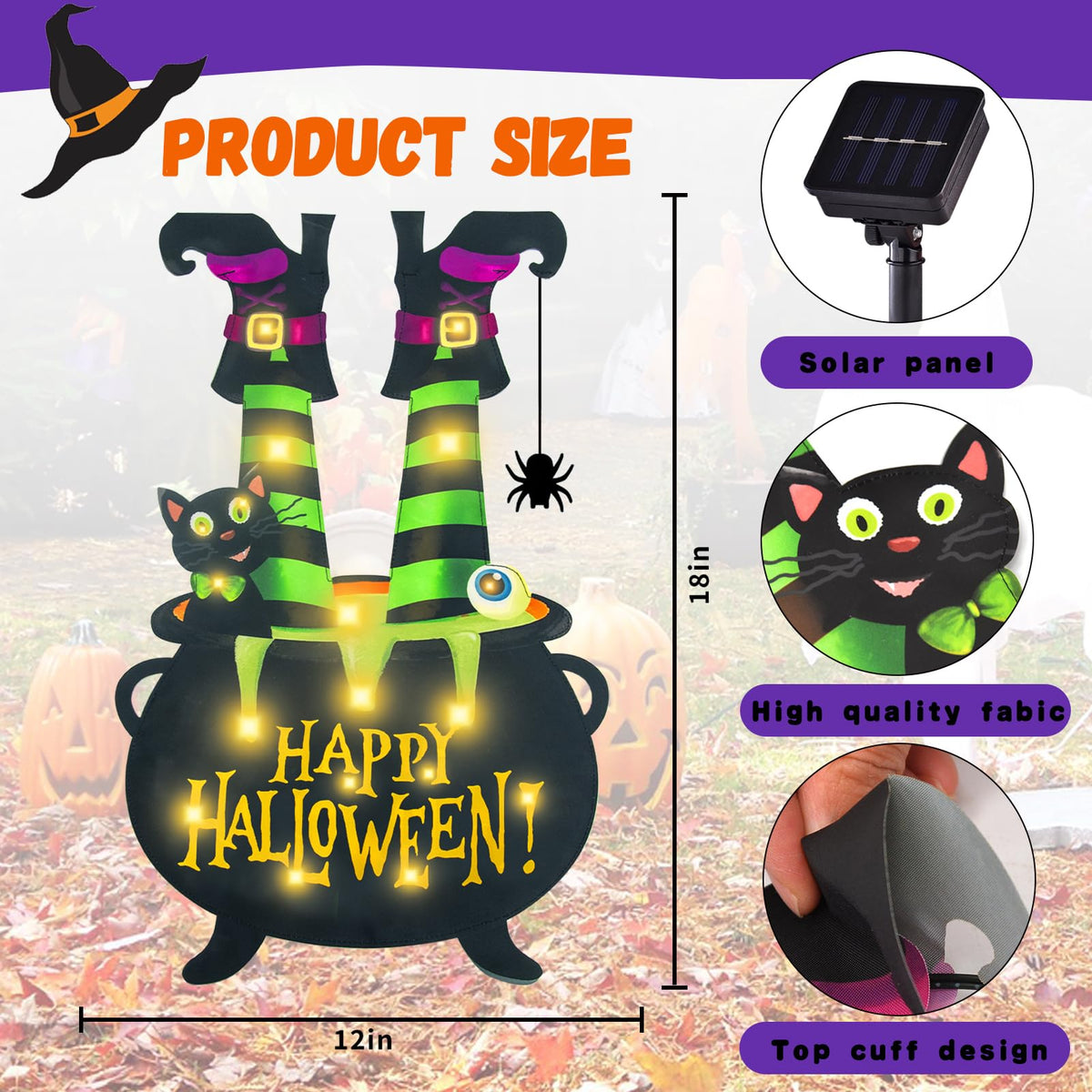 Halloween Lighted Garden Flag for Outside, LED Solar Yard Flag 8 Modes Witch Feet Shape Flag, 28x40 Double Sided Cauldron Eyeball Black Cat Decorations for Home Porch