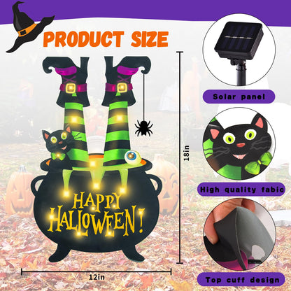 Halloween Lighted Garden Flag for Outside, LED Solar Yard Flag 8 Modes Witch Feet Shape Flag, 28x40 Double Sided Cauldron Eyeball Black Cat Decorations for Home Porch