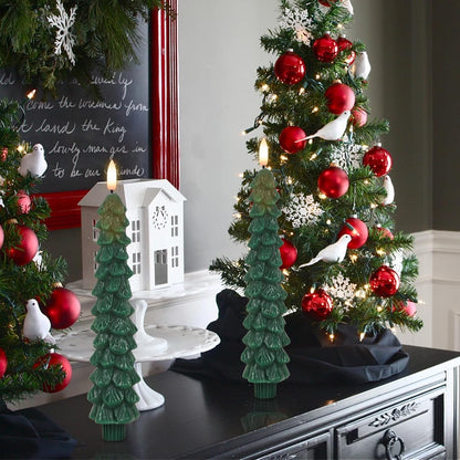 Green Christmas Tree Flameless Taper Candles Battery Operated Remote Timer