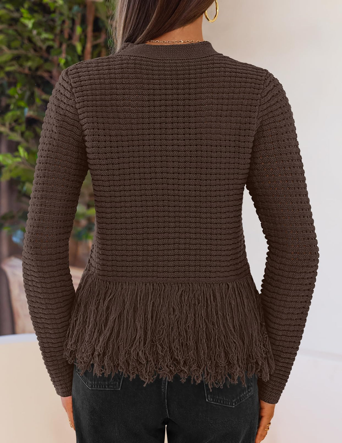 MEROKEETY Women's Fall Fashion Crochet Fringe Sweater Tops Boho Pullover