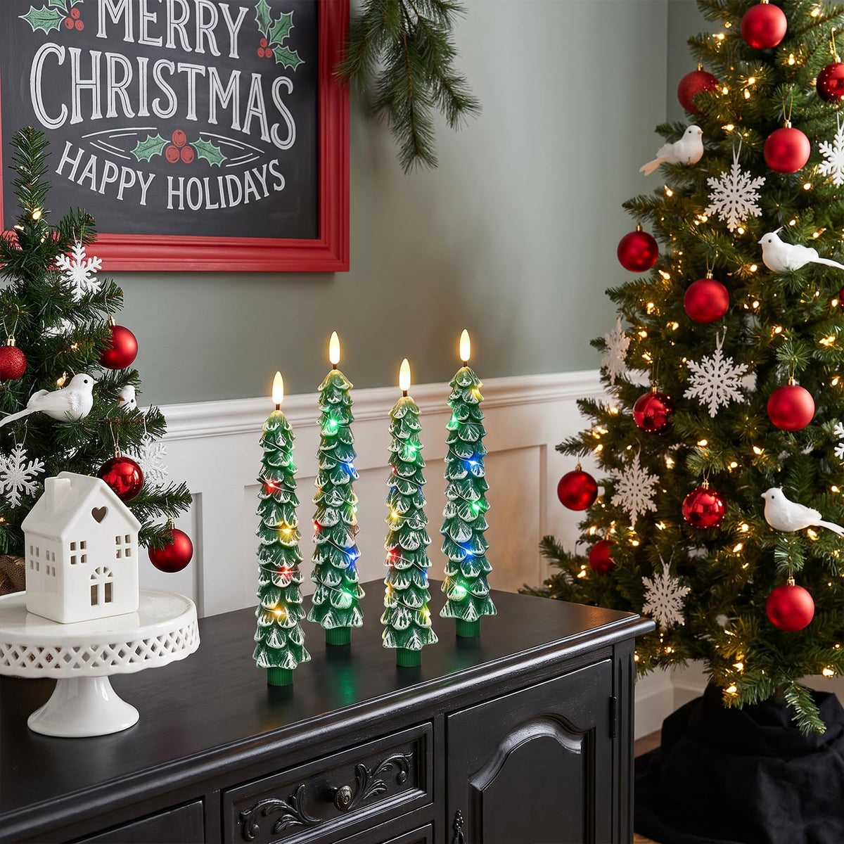Green Christmas Tree Flameless Taper Candles Battery Operated Remote Timer