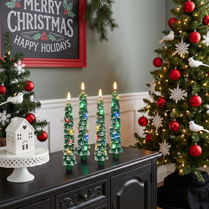Green Christmas Tree Flameless Taper Candles Battery Operated Remote Timer