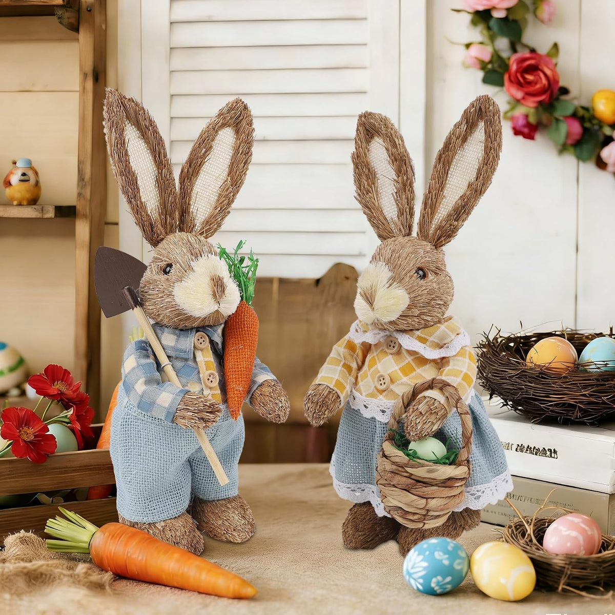 Dr.dudu Set of 2 Easter Decorations 13" Bunny Figurines Tabletop Spring Decor, Rustic Straw Bunny Couple with Carrot, Sisal Rabbit Statues Ornaments for Table Home Office Kitchen Farmhouse