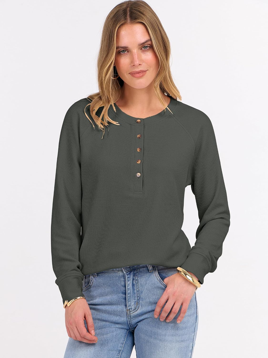 ANRABESS Women's Waffle Knit Henley Top Long Sleeve Shirts
