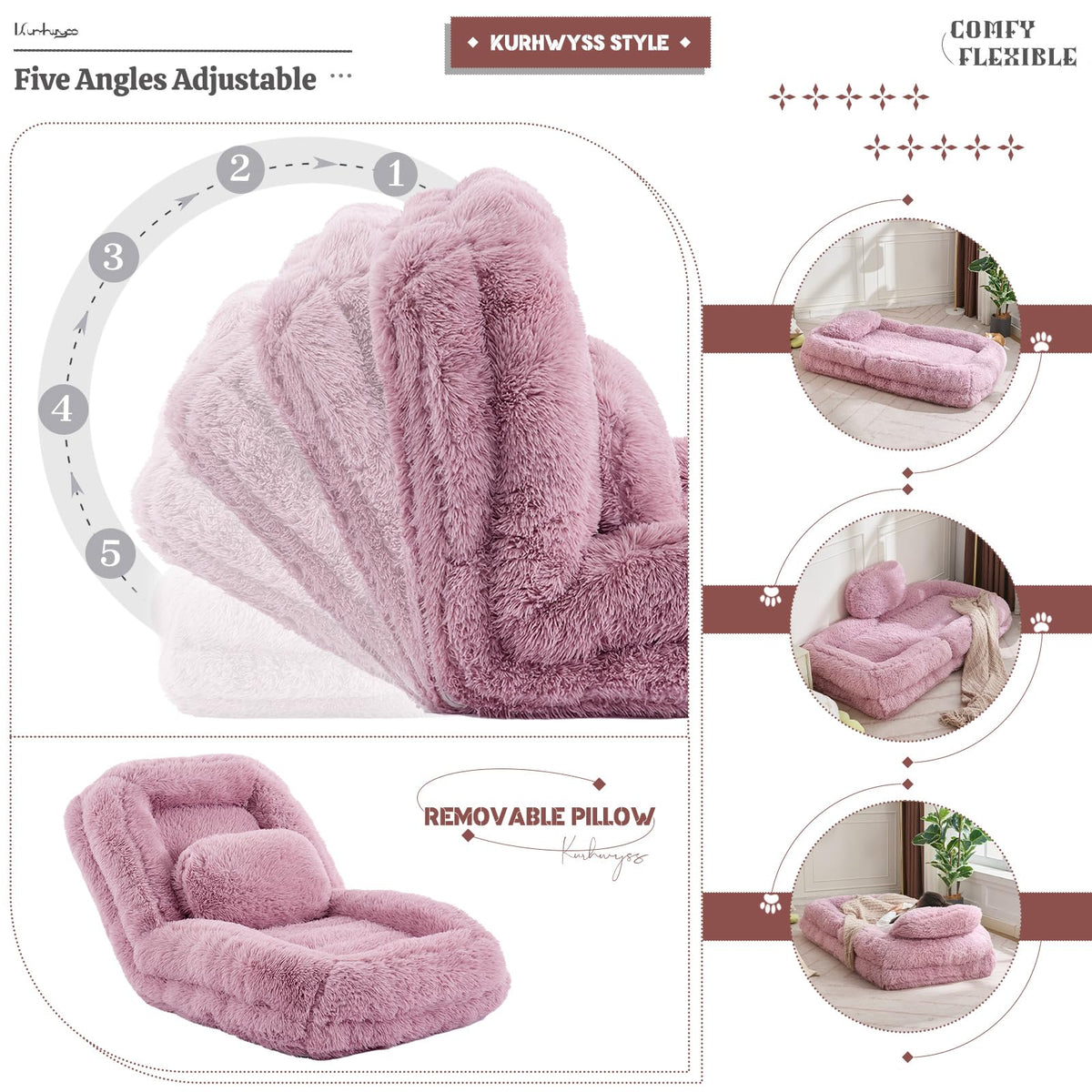 Upholstered Convertible Lounge Chair with 2 Soft Pillows