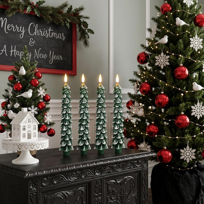 Green Christmas Tree Flameless Taper Candles Battery Operated Remote Timer