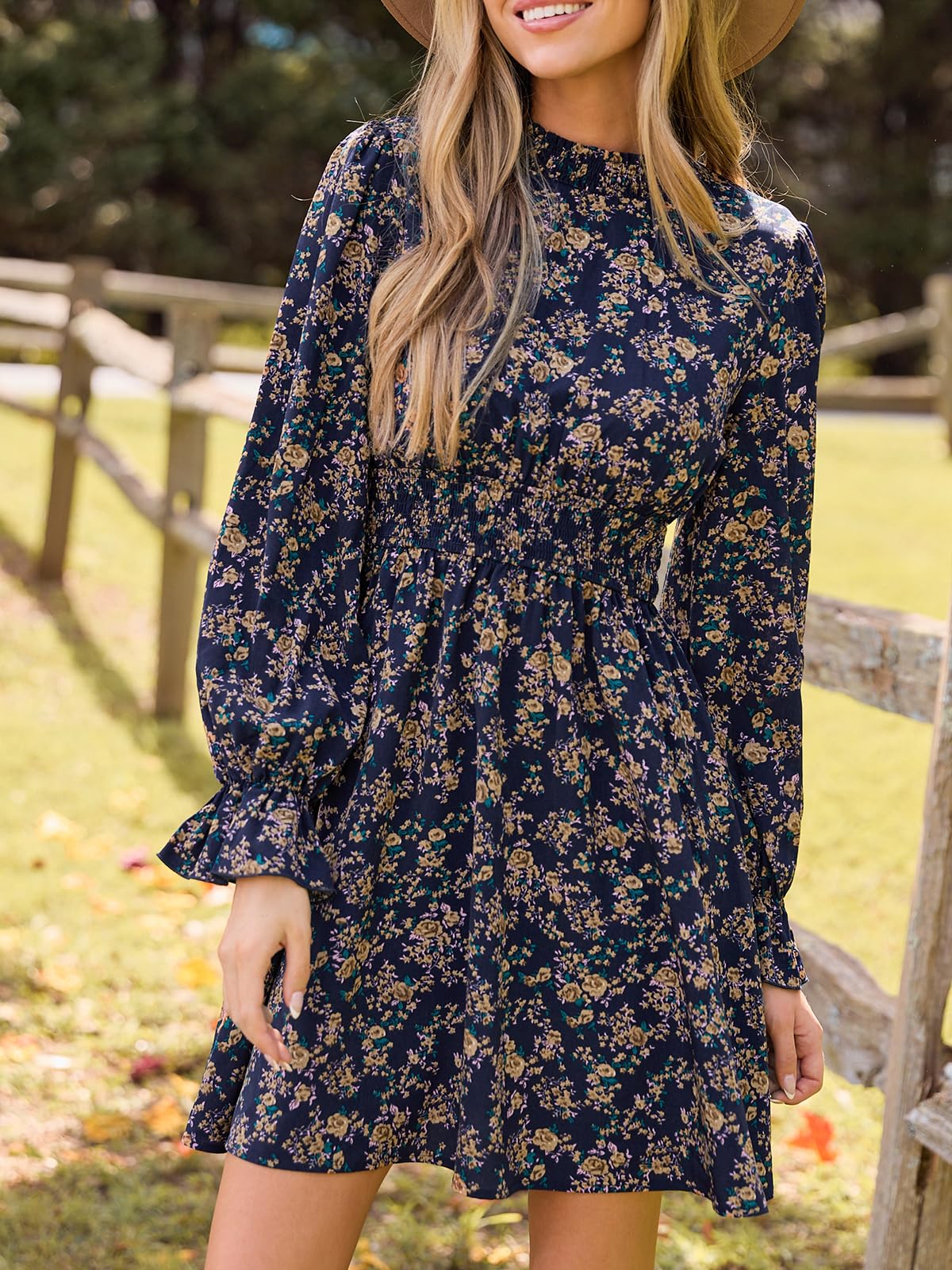 CUPSHE Women Mock Neck Floral Smocked Waist Mini Dress