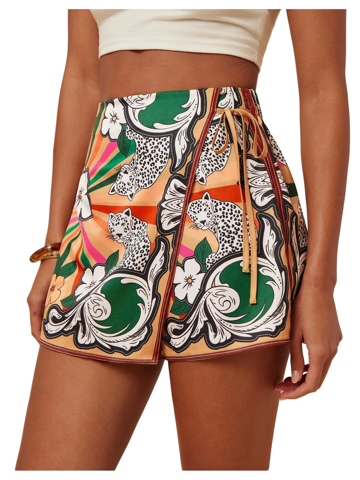 Sweatyrocks Women's Boho Mini Skirts Floral Shorts Tie Side Wrap Elastic Waist Summer Skorts Beach Vacation Outfits