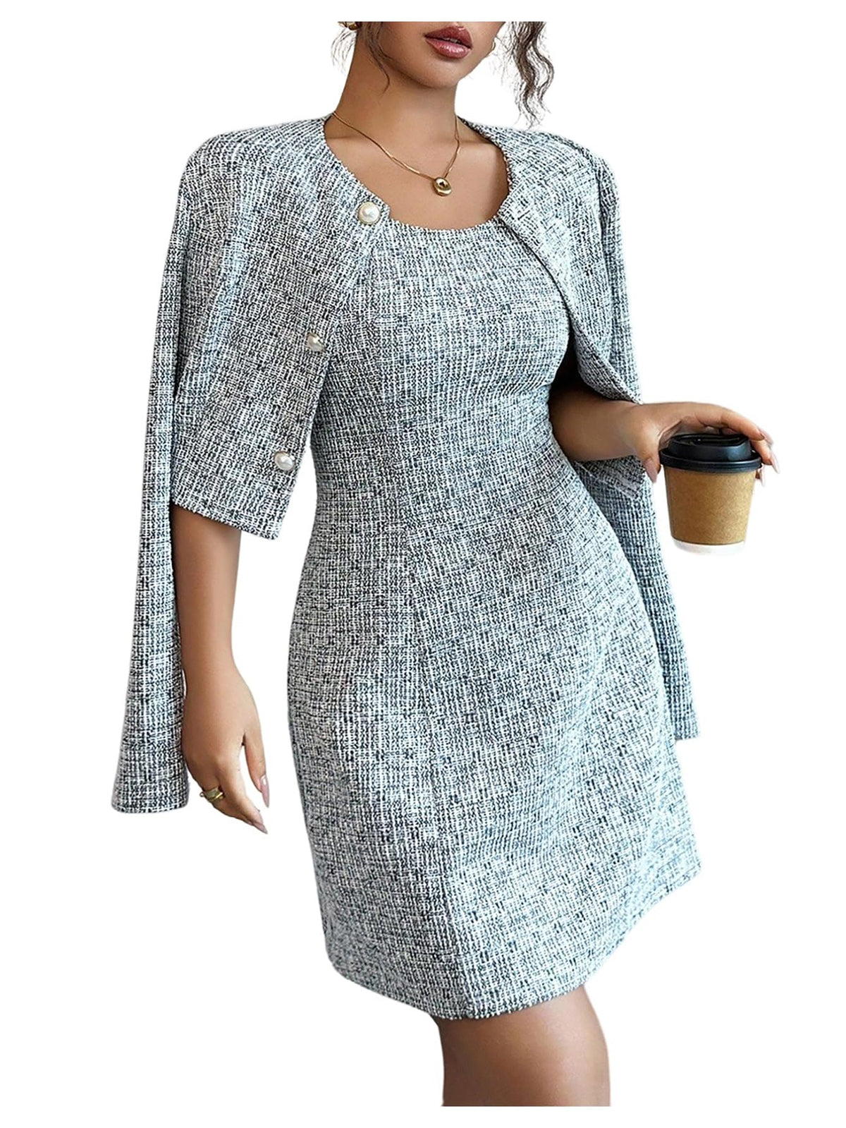 SOLY HUX Women's 2 Piece Plaid Long Sleeve Button Cropped Jacket Dress Set