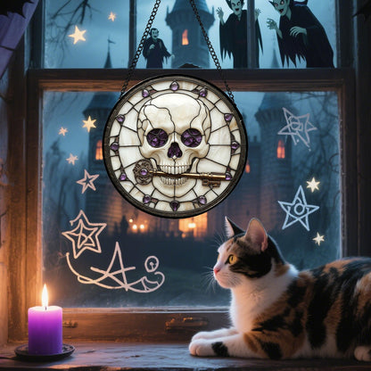 Stained Glass Window Hanging - Halloween Red White Scary Pumpkin Suncatcher for Doors Garden Home Spooky Rattan Sun Catchers Gothic Decor Horror Gifts for Women Men Friend Boy Girl 15 In
