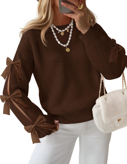 ZESICA Cute Bow Long Sleeve Oversized Sweaters