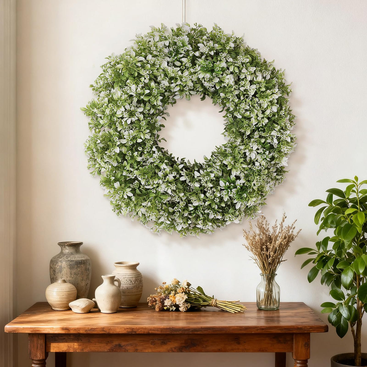 32" Large Artificial Boxwood Wreath for Front Door (White-Green) | Waterproof & Fade Resistant