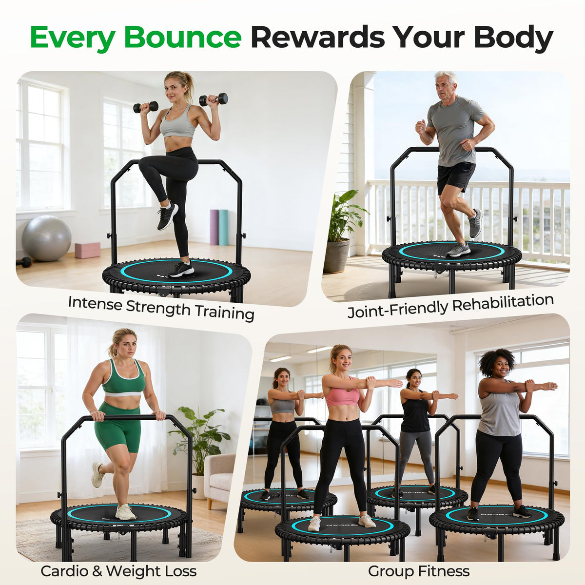 Bcan BT2 450/550LBS Mini Rebounder Trampoline for Adults with Bar, Fitness Trampoline with Bungees, Adjustable Handle, Stable & Quiet, Indoor Outdoor, Whole-Body Workout - 40IN/48IN | Fed Fitness