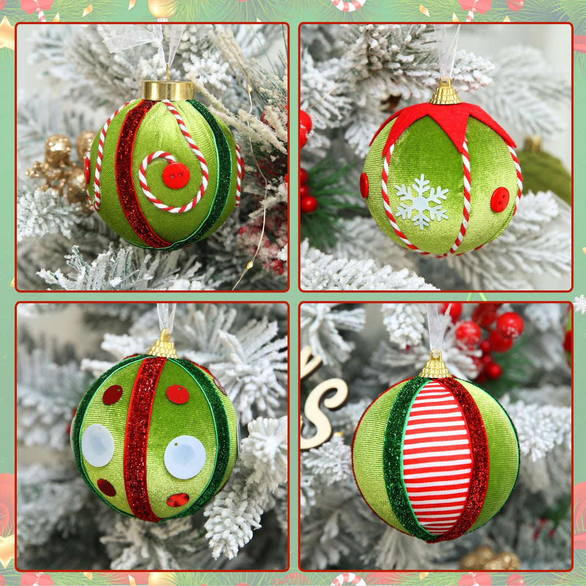 Supreme Xmas 12 Pcs Velvet Christmas Ornaments Set 80mm Green Red White