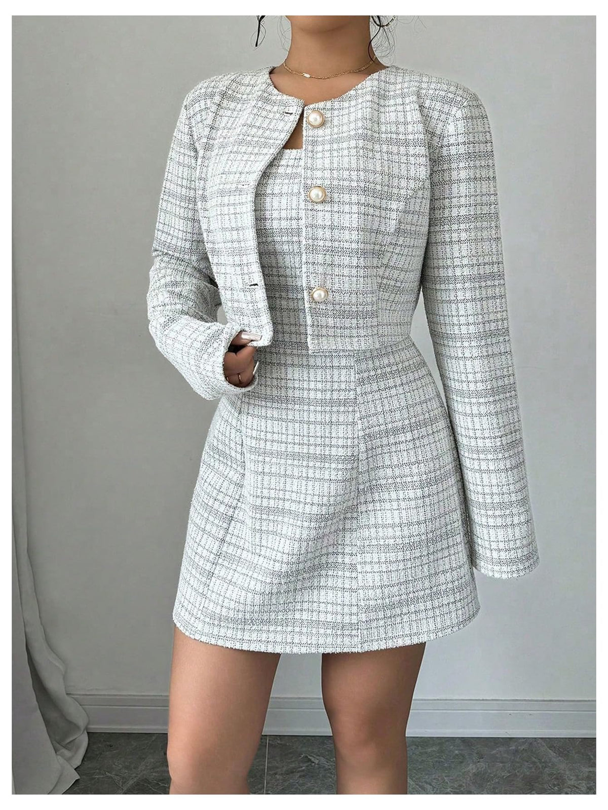 SOLY HUX Women's 2 Piece Plaid Long Sleeve Button Cropped Jacket Dress Set