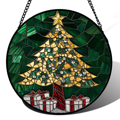 Stained Glass Window Hanging - Golden Christmas Tree Suncatcher for Doors Home Christmas Decoration Winter Sun Catcher Thanksgiving New Year Birthday Gifts for Women Men Mom Nana Girl 7.8 In